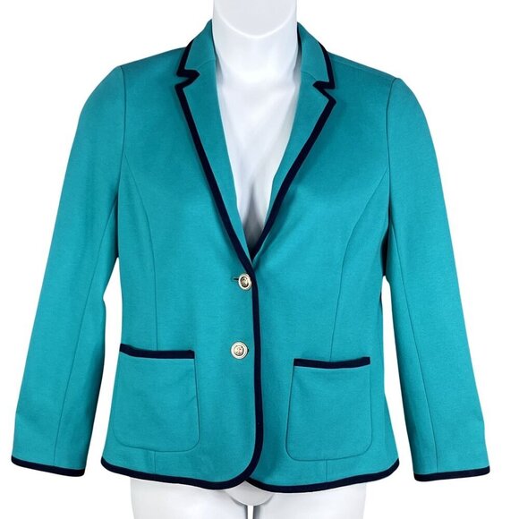 Talbots Aberdeen Womens 10 Teal Blazer Navy Trim Gold Crest Buttons Yacht Jacket - Picture 1 of 16
